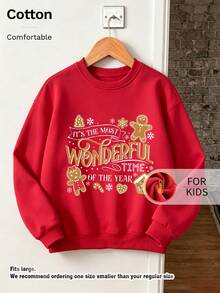 Kids Crew Neck Sweatshirt, Gingerbread Man Christmas Letter Print, Thickened Long Sleeve Red Pullover For Boys Girls - Red - View 9