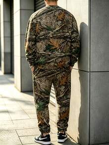 Men's Autumn/Winter Street Casual Vintage Bark & Fallen Leaf Camouflage Print Crew Neck Sweatshirt & Sweatpants Set - Multicolor - View 2