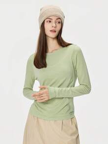 Leorrey 1pc Women's Fashion Wool Round Neck Ribbed Patchwork Double Layer Cuff Street Style Yoga Pilates Running Fitness Workout Long Sleeve Sports T-Shirt - Green - View 7
