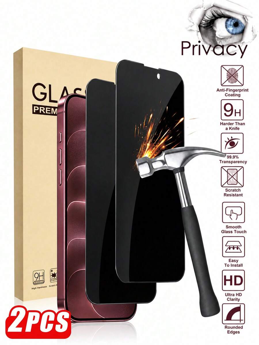 2pcs Black Anti-Peeping Privacy Anti-Fingerprint 9H Shockproof Bubble-Free Tempered Glass Full Coverage Screen Protector, No Installation Tools Required, Compatible With IPhone DUO/18Pro Max/18Pro/17/16/15/14/13/12/11, Essential For Office Privacy, Daily Use For Teenagers, Birthday Gift, Best-Selling Phone Accessory