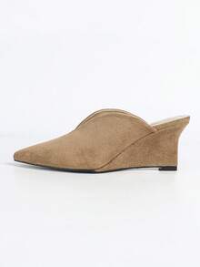 Women's Khaki Deep V-Cut Slip-On Pointed Toe Wedge Pumps - Khaki - View 6