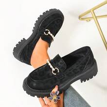 Women's Leopard Print Round Toe Thick Sole Pearl Metal Buckle Loafers, Spring/Autumn Retro Platform Height-Increasing Student Commuter British Style Shoes - Black - View 6