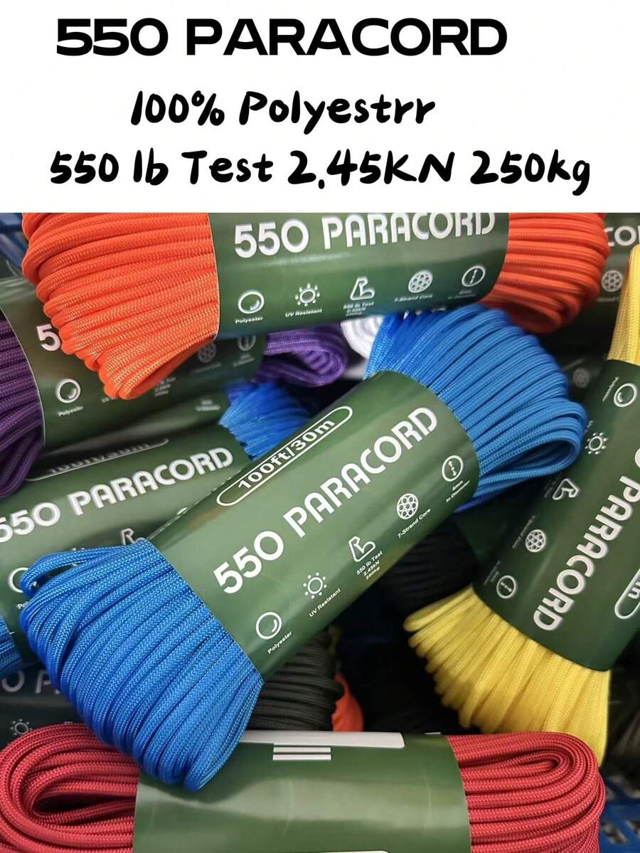 Tali Paracord Kekuatan Tinggi 550lb 7-untai 4mm sepanjang 30m, 100% Poliester, Kekuatan Tarik 249,48 KG, Cocok untuk Kerajinan DIY, Berkemah, Pakaian, Dekorasi, Tali Tenda - MultiWarna - View 1