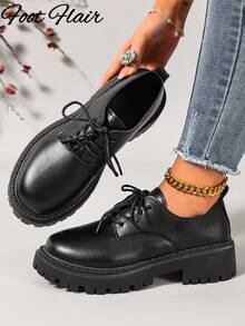 Foot Flair 春季女款啞光黑 PU 牛津鞋，厚底平底休閒套腳樂福鞋，帶扣飾設計，耐穿黑色厚底英倫風樂福鞋，百搭 JK 校服正式鞋，適合學生、假期、夏季時尚圓頭綁帶厚底瑪麗珍鞋 - 霧面黑色 - 查看 4