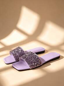 Sandal Selop Datar Ujung Persegi Wanita, Sandal Pantai Kasual Musim Panas Ujung Terbuka Warna Ungu, Tersedia Ukuran Besar - Purple - View 5