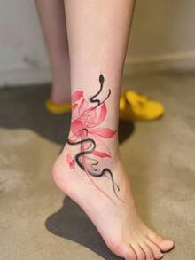 1pc Temporary Tattoo Sticker, Pink Ink Wash Lotus & Black Snake Pattern, Realistic Fake Tattoo Design, Suitable For Daily, Bachelorette Party Favors, Music Festivals, Cosplay, Graduation Gifts, Lasts 3-5 Days - Multicolor - View 4