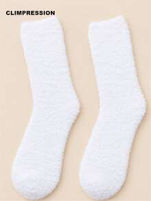 CLIMPRESSION Women's Solid Color Plush Mid-Calf Socks, Soft Coral Fleece Fluffy Warm Comfortable Home Sleep Slippers Socks, Suitable For Winter - White - View 10