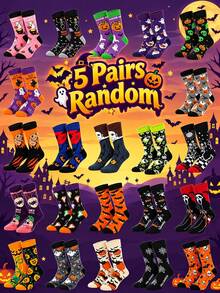 Halloween Themed Mid-Calf Socks Combo Pack, 5/10 Pairs Per Pack, Pumpkin Ghost Bat Skeleton Witch Mummy And More Fun Patterns, Unisex Couple Style, Soft Thick Breathable, Suitable For Halloween Party Dress-Up, Ghost Festival Gathering, Daily Wear, Holiday Gift, Personalized Socks For Boyfriend Husband Father - Multicolor - View 11