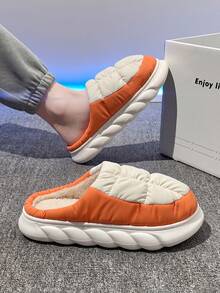Winter New Fashion Thermal Lined Color Block Patchwork Women's House Slippers Slip-On Simple Thick Sole Unisex Couple Home Bedroom Basic Slippers - White and Orange - View 3