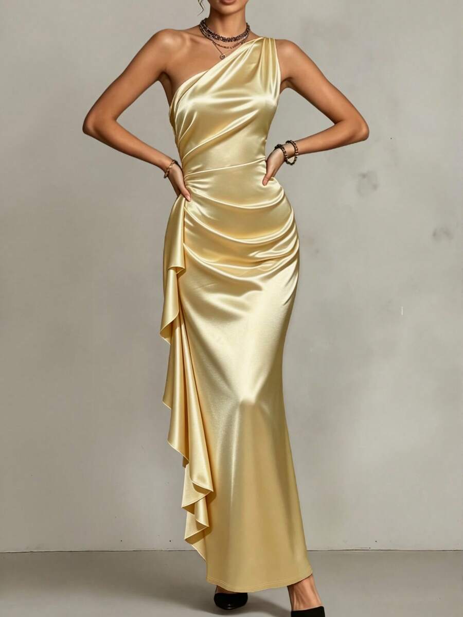 Women's Glamorous Gold Satin One Shoulder Sleeveless Ruched Ruffled Bodycon Maxi Dress For Evening Party Prom Wedding Guest Stylish