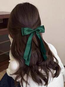 1/2pcs Women's Hair Clips, Dark Green Tassel Bow Hair Clips, Long Ribbon Design, Solid Color Satin Polyester Fiber Crocodile Clips, Fashion Hair Accessories, Suitable For Holidays, Autumn, Y2K Style And Christmas Wear - Multicolor - View 3