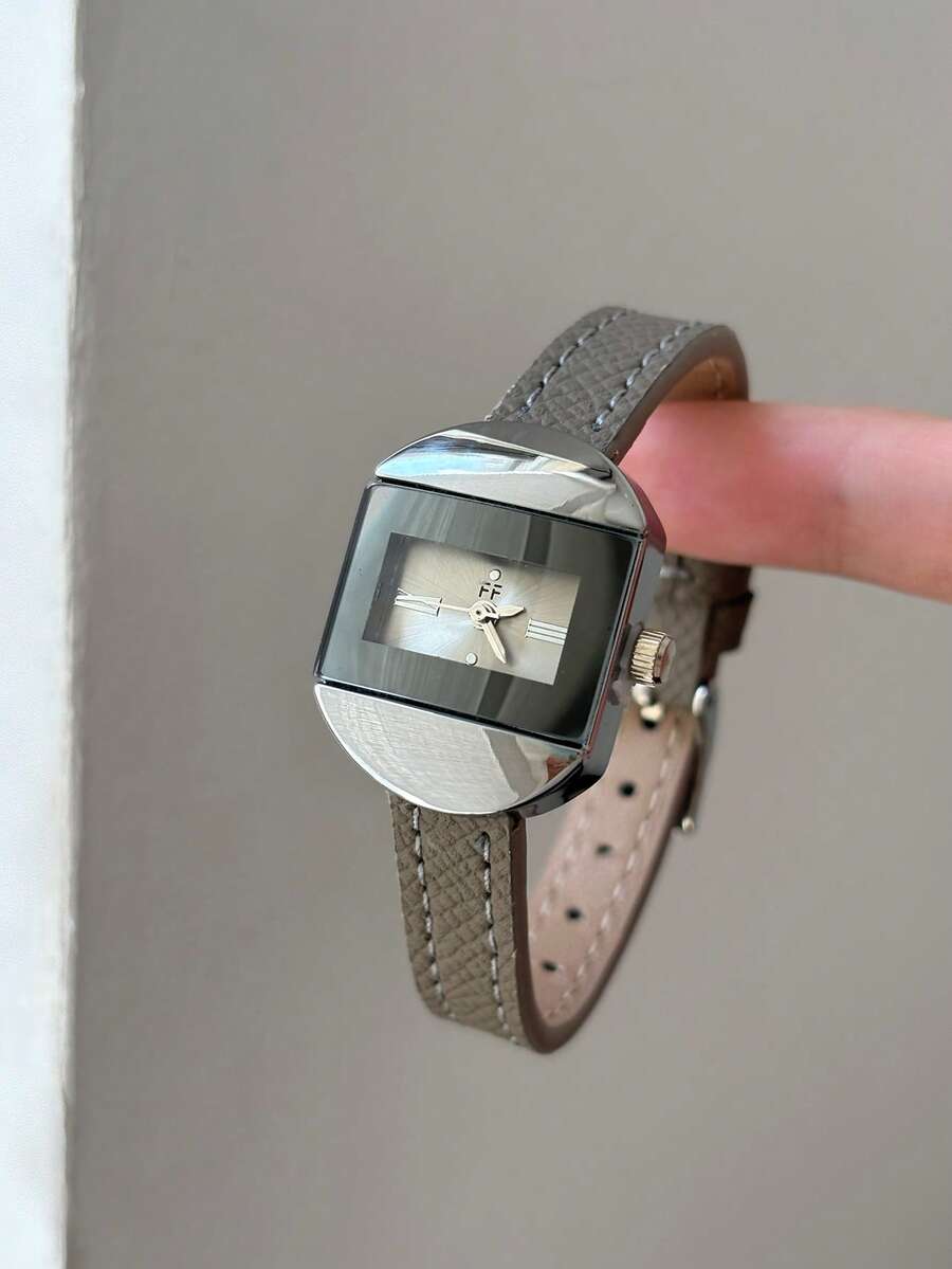 Jam Tangan Quartz Wanita Persegi Abu-abu Klasik dengan Tali PU Abu-abu yang Dapat Diatur dan Penanda Minimalis, Pilihan Bergaya untuk Pemakaian Sehari-hari. - Grey - View 1
