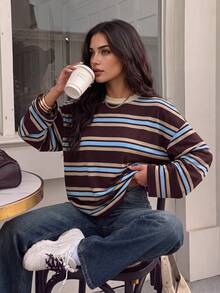 Women Fall Elegant Striped Crew Neck Long Sleeve Loose Tee, Color Block Stripe Print Casual Tops Daily Commute Holiday Festival - Multicolor - View 2