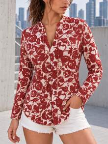 Women's Red Floral Print Button Front Blouse, Long Sleeve V Neck Shirt With Curved Hem For Work And Weekend Wear - Red - View 1