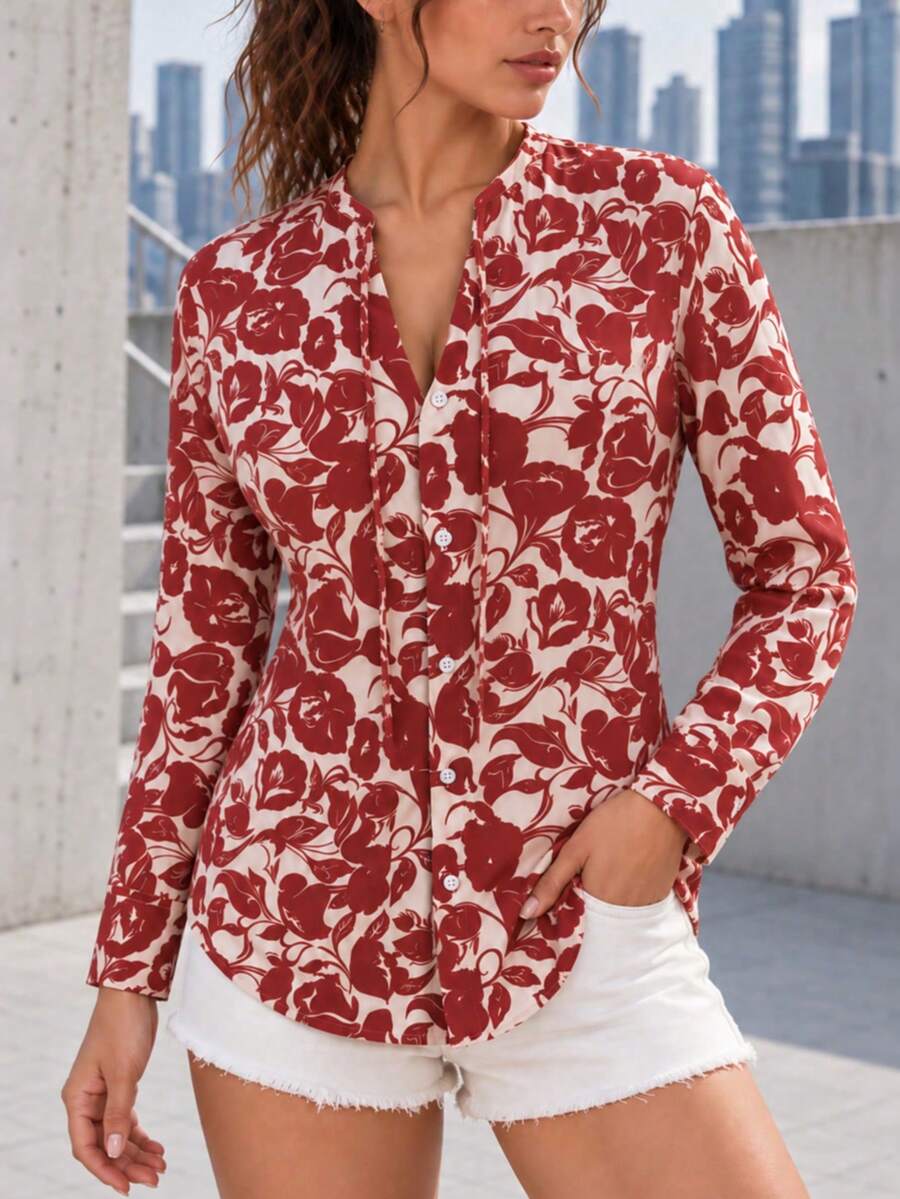 Women's Red Floral Print Button Front Blouse, Long Sleeve V Neck Shirt With Curved Hem For Work And Weekend Wear - Red - View 1