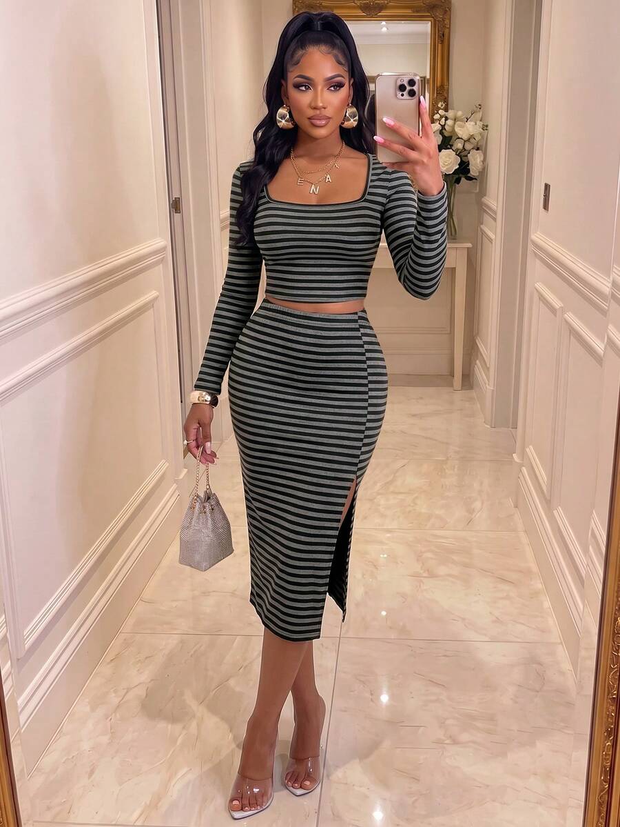 Elegant Sexy Women's Striped Slim Fit 2 Pieces Set, Square Neckline With Slit Design, Suitable For Casual Style - Black and Gray Stripes - View 1