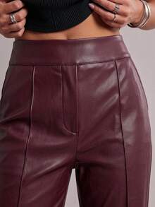 Women's High-Waisted Leather Pants With Pockets And A Slight Width Towards The Ankle., 37373 - Burgundy - View 2