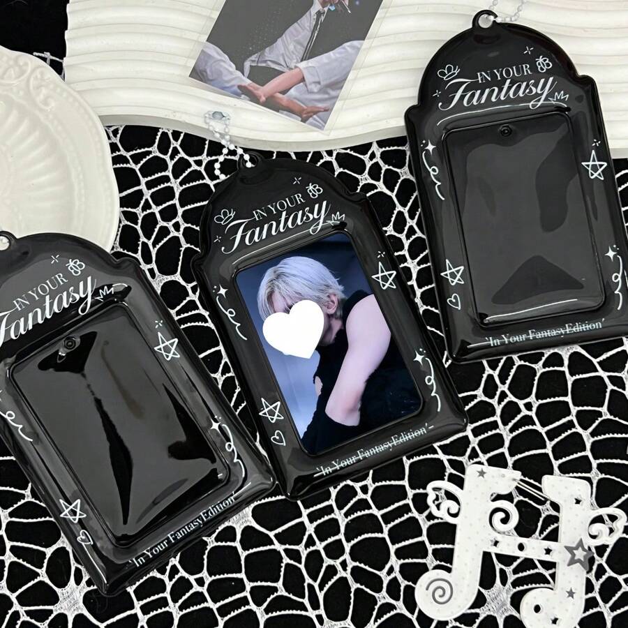 1pc Black Minimalist 3-Inch Card Holder, Star Heart Butterfly Idol Photo Storage Sleeve, Idol Photocard Storage Protection Cover, With Keychain For Hanging On Bags, FEINIBOOK, PU Material, Suitable For 3-3.5 Inch Mini Photo Cards, Photo Cards, Idol Album Photo Cards, Essential Card Holder For Idol Fans, Concert Support Item - Card Sleeve - View 1