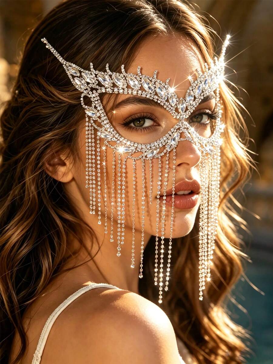 Vintage Rhinestone Halloween Party Mask, Sexy Half Face Masquerade Mask, Suitable For Costume Party, Fashionable Luxury Tassel Mask Accessory - Silver - View 1