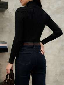 DONICY Women's Top, Solid Color Long Sleeve Top, Black Vertical Stripe Slim Fit, Minimalist Basic Commuter Style,Fall Winter - Black - View 2