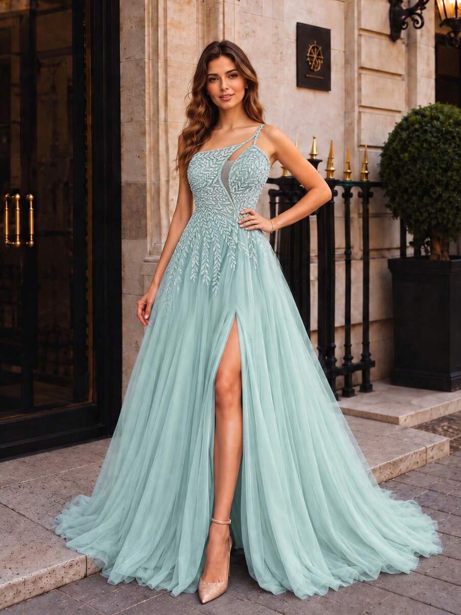 VIPGIRL One Shoulder Strapless Beaded Long Evening Gown For Women