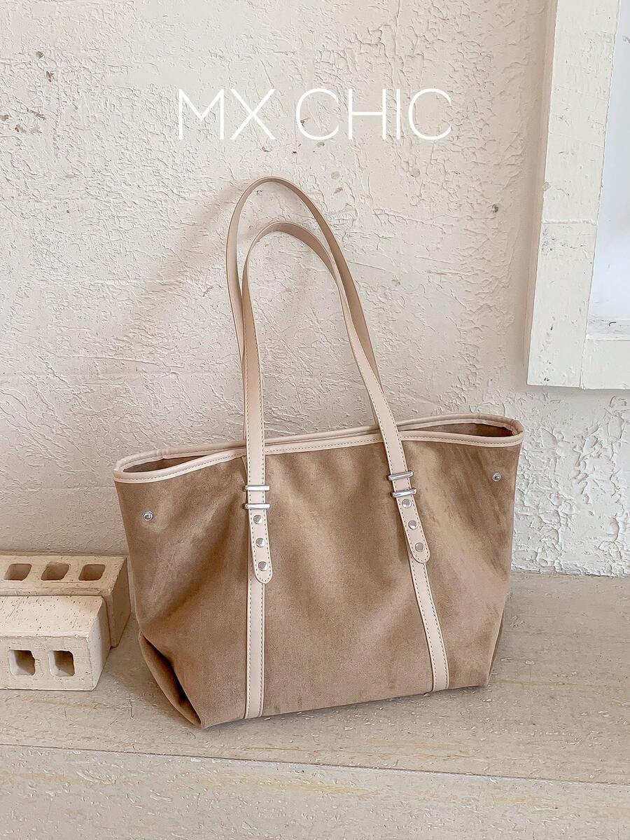 1pc Women's Autumn/Winter New Large Capacity Colorblock Shoulder Tote Bag, Fashion Commuter Bag, Suitable For Office, School, College Classes, Casual Wear - 卡其色 - 查看 1