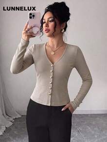 LUNNELUX Women Fall V Neck Ribbed Knit Long Sleeve Top, Slim Fitted Shirt With Heart Decor Buttons, Halloween Daily Dating Outfit - Khaki - View 10