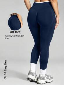 Women's Seamless High Waist Butt Lifting Yoga Leggings, 24 Inch Tummy Control Compression 4-Way Stretch Fitness Pants For Gym Running Training - Navy Blue - View 3