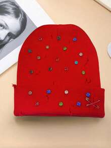 1pc Colorful Rhinestone Brooch Decor Minimalist Fashion Shiny Beanie Hat For Women And Men - Multicolor-b - View 13