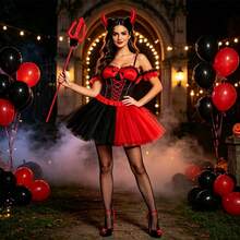 Halloween Devil Costume Set, Includes Black & Red Tulle Tutu Skirt + Horn Headband + Trident, Suitable For Halloween Carnival Party, Stage Performance, Costume Party Accessories - Multicolor - View 3