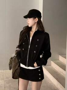 Women's Short Jacket Spring/Autumn 2026 New Black Korean Style Very Pretty Square Shoulder Versatile Napoleon Top - Black - View 6