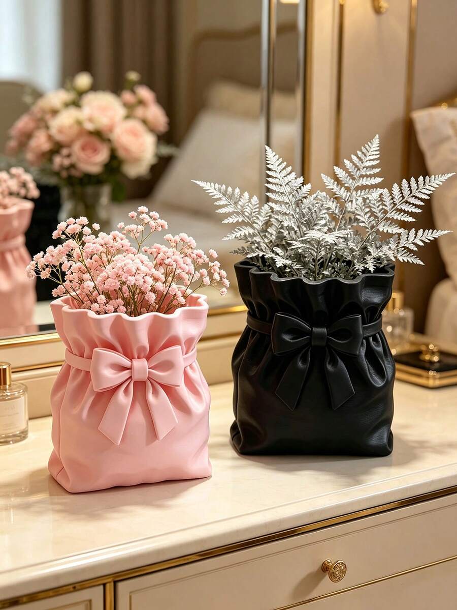 3D Printed Pleated Fabric Bag Shaped Planter With Bowknot, Minimalist Creative Desktop Potted Plant Container, Succulent And Small Green Plant Decorative Flower Pot