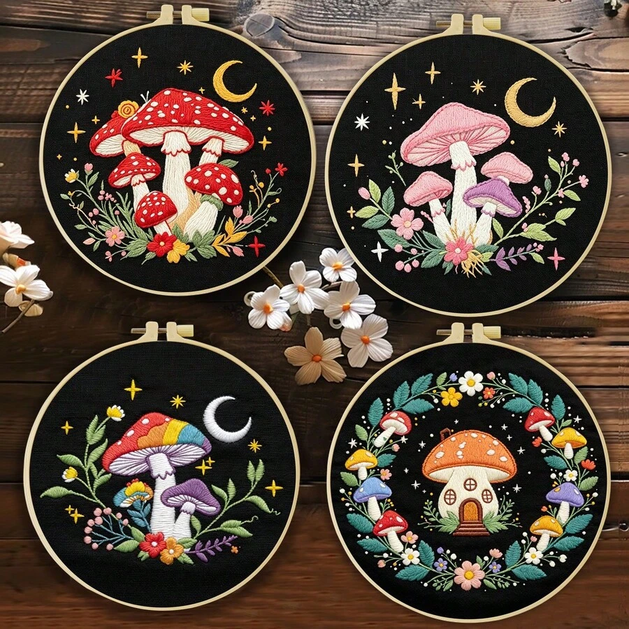 1PC 20*20cm/7.9*7.9in,Beautiful Mushrooms Embroidery Kit, DIY Handmade Embroidery Set For Adult Beginners, Home Gift, Women's Sewing Gift, Including User Manual, Printed Pattern Fabric, Embroidery Frame, Needle And Thread.