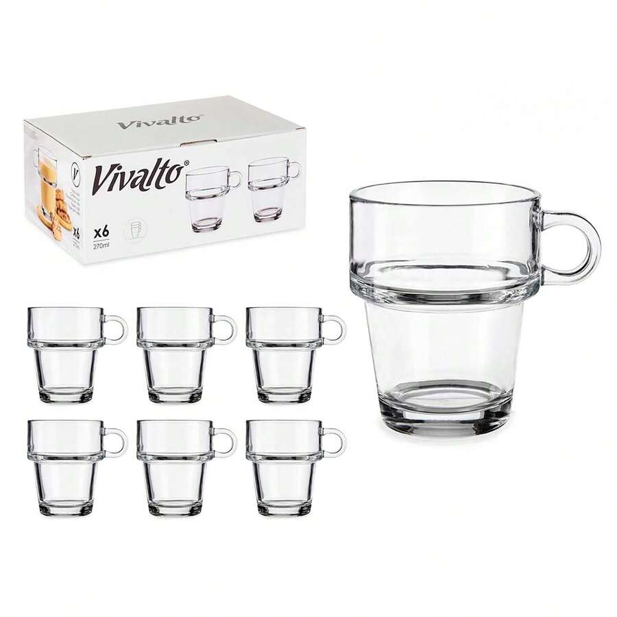 Dam PACK OF 6 STACKABLE GLASS CUPS 270 ML WITH HANDLE - Clear - View 1