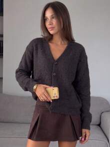 Áo khoác cardigan len lông xù nữ cổ chữ V, cài nút trước, một hàng cúc, tay dài, dáng rộng thoải mái, phong cách đường phố, ấm áp, độ dài vừa, cho mùa thu/đông - màu nâu - Xem 8