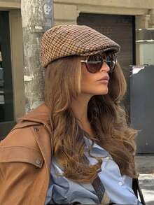 1pc Women's Fashion Plaid Woven Anchor Pattern Newsboy Cap, Korean Style, Suitable For Daily Wear And Matching - Coffee Brown - View 3