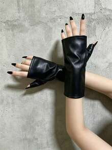 1 Pair Solid Color Casual Street Party Premium PU Leather Half-Finger Open-Toe Gloves For Daily Wear, Birthday Party, Gift, Performance, Autumn/Winter - Fingerless Leather Gloves - View 8