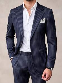 Officeau Men's 2-Piece Thin Striped Suit Set, Gentleman Style Jacket And Pants, Suitable For Commuting, Wedding, Party, Banquet - Navy Blue - View 3