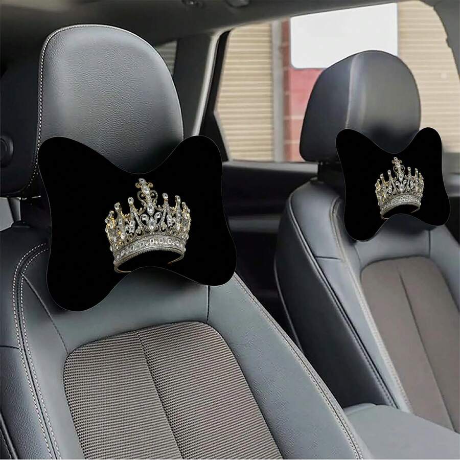 1pc/2pcs Car Headrest Pillow, Crown Print, Practical And Aesthetic, Made Of Polyester Fiber And Polypropylene Fiber, Car Neck Pillow, Car Interior Accessory, All-Season Bone-Shaped Pillow - Headrest - View 1