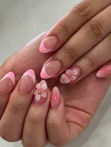 24片短杏仁形秋季假指甲，粉色漸層法式指尖搭配3D花朵與水滴設計，可愛穿戴式壓克力凝膠美甲套組（含1片果凍膠與1片指甲锉），適合女性日常、約會與派對 - 彩色 - 查看 8