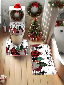 1/4pcs Christmas Tree Pattern Shower Curtain Set, Merry Christmas Buffalo Plaid Farmhouse Style Shower Curtain, Waterproof Fabric Winter Bathroom Shower Curtain, 70.8*70.8 Inches - A - View 6