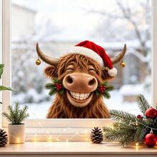 1/3pcs Cute Highland Cow With Christmas Hat Window Sticker, Double-Sided Visible PVC Static Cling Glass Decal, Suitable For Home, Store Window, Holiday Party Decoration - Multicolor - View 3