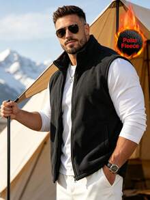 Men's Casual Solid Color Stand Collar Sleeveless Jacket, Fleece Outdoor Jacket, Autumn/Winter Vest - Black - View 7