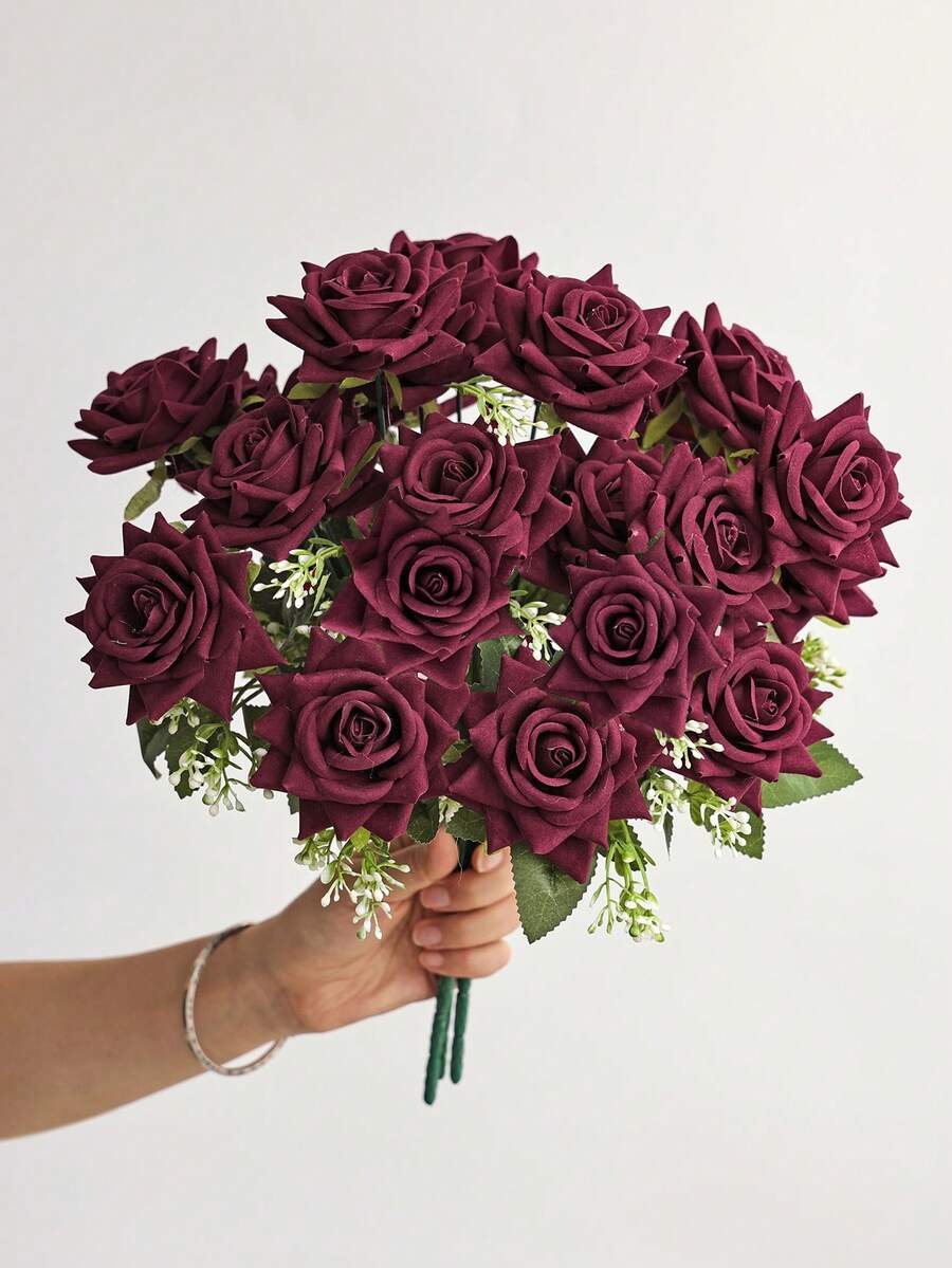 1pc Artificial Flowers Fake Rose Bouquet Silk Daisy Dandelion Bulk For Wedding Home Party Decor Table Centerpieces - Burgundy - View 1