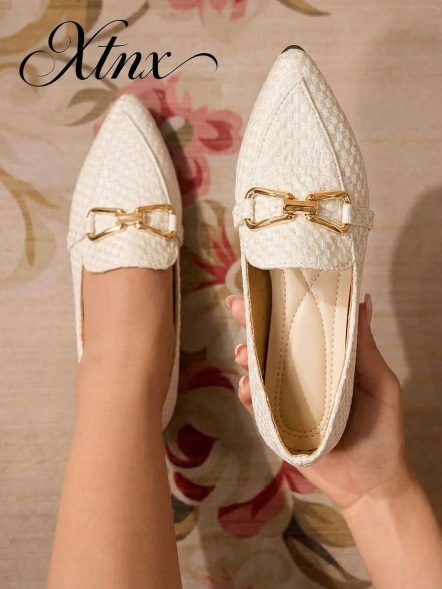 Women's Breathable Vacation Commute Travel Solid Color Pointed Toe Flat Shoes With Buckle - White - View 1