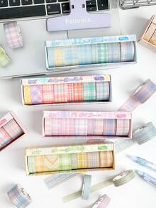 8 Rolls/Box Fresh Plaid Pattern Tape, Designed In Two Materials (Paper And PET) For Vintage-Style Tape,For Scrapbooking, Diaries, And Card Decoration - Multicolor - View 8