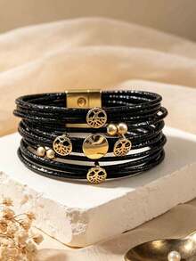 Bohemian Style PU Leather Tree Of Life With Beaded Women's Bracelet - Black - View 4