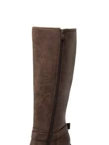 Women's Chunky Heel Platform Knee-High Boots Square Toe Side Zipper Adjustable Straps Buckle Decorated Motorcycle Riding Boots - Brown - View 10