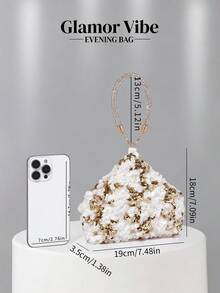 女款白色與金色花卉亮片手拿包，3D花朵晚宴包，附水鑽腕帶，婚禮派對舞會手提包 - 白色 - 查看 5