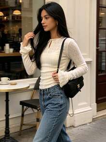 JoWins New Lace Textured Polka Dot Jacquard Long Sleeve Round Neck Slim Fit Flattering Women's Top For Party, Date, Daily Commute - Apricot - View 5